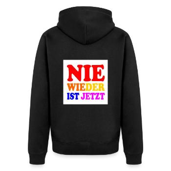 Nie wieder ist jetzt - Unisex Premium Bio Zip Hoodie - Schwarz - Hinten - Nico (187cm)