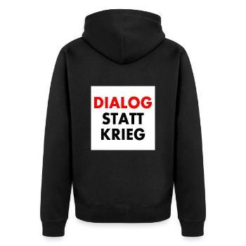dialog statt krieg - Unisex Premium Bio Zip Hoodie - Schwarz - Hinten - Nico (187cm)