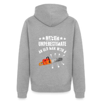 Never Underestimate Kettensäge - Unisex Premium Bio Zip Hoodie - Grau meliert - Hinten - Nico (187cm)