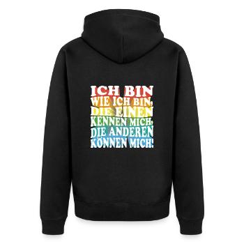 Ich bin wie ich bin - Adenauer Zitat in 3D Text - Unisex Premium Bio Zip Hoodie - Schwarz - Hinten - Nico (187cm)