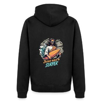 Surfer Surfing Urlaub Meer Jesus Surfboard Lustig - Unisex Premium Bio Zip Hoodie - Schwarz - Hinten - Nico (187cm)