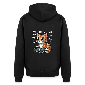 Video Game Gamer Zocken Katze Pew Computer Lustig - Unisex Premium Bio Zip Hoodie - Schwarz - Hinten - Nico (187cm)