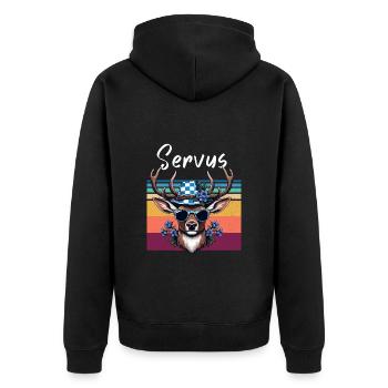 Bayern Servus Hirsch Blau-Weiß Sonnenbrille Lustig - Unisex Premium Bio Zip Hoodie - Schwarz - Hinten - Nico (187cm)