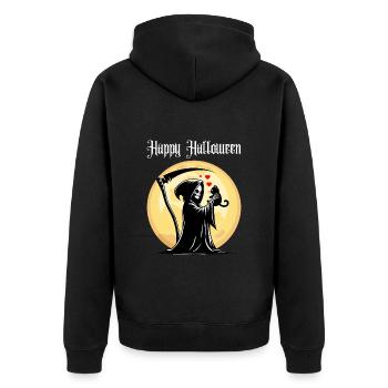 Happy Halloween Grim Reaper Cat Cute Full Moon - Unisex Premium Organic Zip Hoodie - black - Back - Nico (187cm)