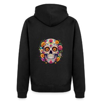 Halloween Schädel Mexiko Blumen La Catrina - Unisex Premium Bio Zip Hoodie - Schwarz - Hinten - Nico (187cm)