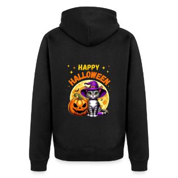 Cat with Witch Hat and Pumpkin Celebrates Halloween - Unisex Premium Organic Zip Hoodie - black - Back - Nico (187cm)