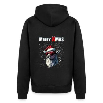 Rentier mit Weihnachtsmütze wünscht Merry Xmas - Unisex Premium Bio Zip Hoodie - Schwarz - Hinten - Nico (187cm)