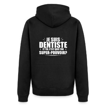 Ich bin Zahnarzt. Was ist deine Superkraft? - Unisex Premium Bio Zip Hoodie - Schwarz - Hinten - Nico (187cm)