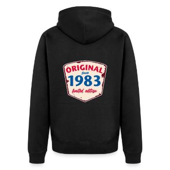 1983 Blechschild - limeted edition - Vintage - Unisex Premium Bio Zip Hoodie - Schwarz - Hinten - Nico (187cm)