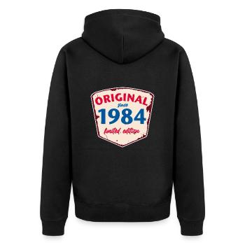 1984 Blechschild - limeted edition - Vintage - Unisex Premium Bio Zip Hoodie - Schwarz - Hinten - Nico (187cm)