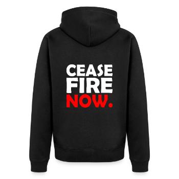 Ceasefire now - Unisex Premium Bio Zip Hoodie - Schwarz - Hinten - Nico (187cm)