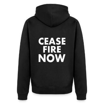 Ceasefire now - Unisex Premium Bio Zip Hoodie - Schwarz - Hinten - Nico (187cm)
