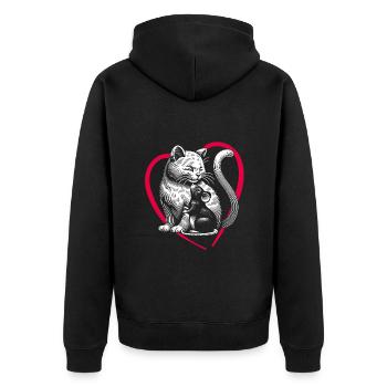 Katze und Maus und Freundschaft Frieden und Liebe - Unisex Premium Bio Zip Hoodie - Schwarz - Hinten - Nico (187cm)
