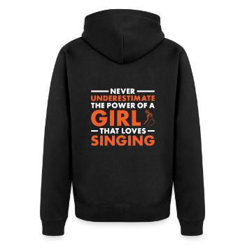 Singer Never Underestimate The Power Of A Girl - Unisex Premium Bio Zip Hoodie - Schwarz - Hinten - Nico (187cm)