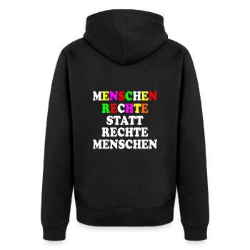 menschenrechte statt rechte menschen - Unisex Premium Bio Zip Hoodie - Schwarz - Hinten - Nico (187cm)