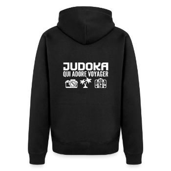 Voyageurs & Judokas : Passion & Découverte - Veste à capuche bio Premium Unisexe - noir - Dos - Nico (187cm)