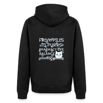 Pharmacy Cat Pills to Purrs Blue-White - Unisex Premium Organic Zip Hoodie - black - Back - Nico (187cm)