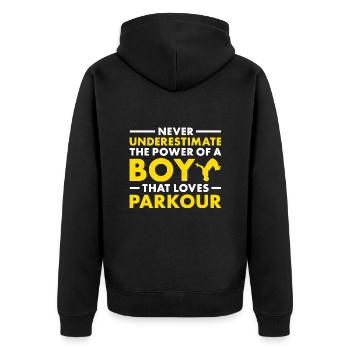 Traceur Never Underestimate The Power Of A Boy - Unisex Premium Organic Zip Hoodie - black - Back - Nico (187cm)