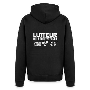 Voyageurs & Lutteurs : Passion & Découverte - Veste à capuche bio Premium Unisexe - noir - Dos - Nico (187cm)