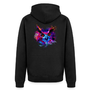 gxp eule lila blau perfekt - Unisex Premium Bio Zip Hoodie - Schwarz - Hinten - Nico (187cm)