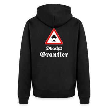 Obacht Grantler! lustiges bayerisches Geschenk - Unisex Premium Bio Zip Hoodie - Schwarz - Hinten - Nico (187cm)