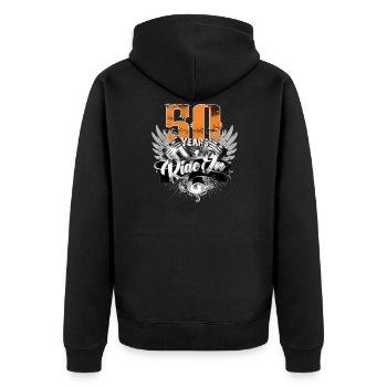 Ride on - 50 years - Unisex Premium Organic Zip Hoodie - black - Back - Nico (187cm)