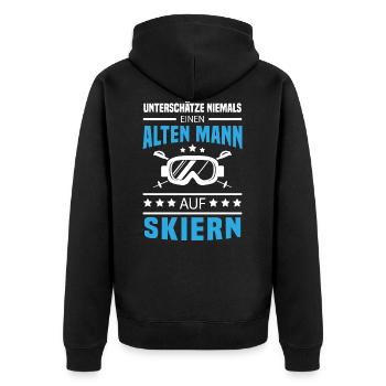 Alter Mann auf Skiern - Unisex Premium Bio Zip Hoodie - Schwarz - Hinten - Nico (187cm)