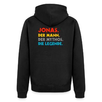 Jonas Vorname Name Geschenk - Unisex Premium Bio Zip Hoodie - Schwarz - Hinten - Nico (187cm)