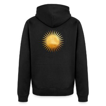 Goldene Sonne mit Sonnenstrahlen, Yoga, Esoterik - Unisex Premium Bio Zip Hoodie - Schwarz - Hinten - Nico (187cm)