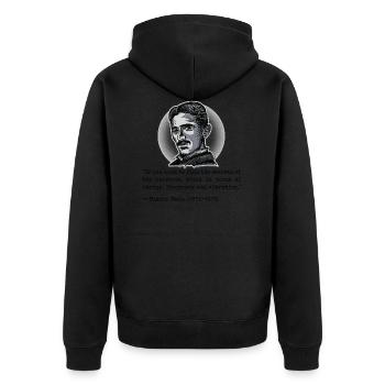 001 Zitat Nikola Tesla secrets of the universe - Unisex Premium Bio Zip Hoodie - Schwarz - Hinten - Nico (187cm)
