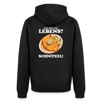 Schnitzel Essen ist der Sinn des Lebens - Unisex Premium Bio Zip Hoodie - Schwarz - Hinten - Nico (187cm)