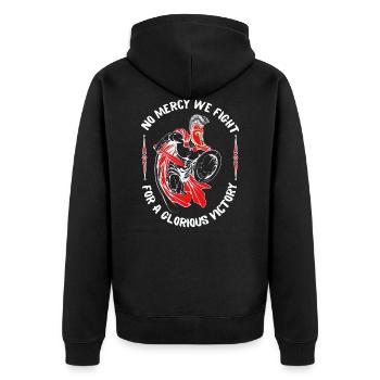 NO MERCY WE FIGHT, Warrior, Kämpfer, Statement - Unisex Premium Bio Zip Hoodie - Schwarz - Hinten - Nico (187cm)