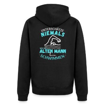 UNTERSCHÄTZE NIE EINEN ALTEN MANN BEIM SCHWIMMEN - Unisex Premium Bio Zip Hoodie - Schwarz - Hinten - Nico (187cm)
