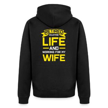 Ruhestand Ich arbeite für meine Frau Rente Rentner - Unisex Premium Bio Zip Hoodie - Schwarz - Hinten - Nico (187cm)