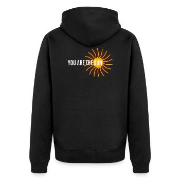 Du bist die Sonne - Unisex Premium Bio Zip Hoodie - Schwarz - Hinten - Nico (187cm)
