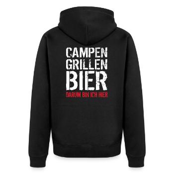 Campen Grillen Bier darum bin ich hier - Geschenk - Unisex Premium Bio Zip Hoodie - Schwarz - Hinten - Nico (187cm)