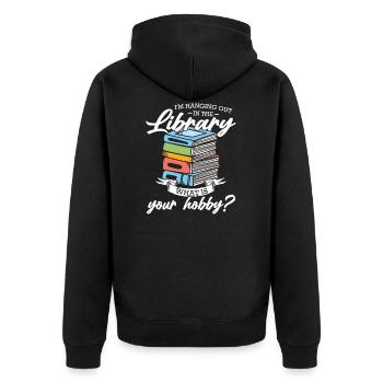 Bibliothek bibliothek Geschenk - Unisex Premium Bio Zip Hoodie - Schwarz - Hinten - Nico (187cm)