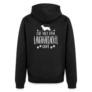 DIE MIT LANGHAARDACKEL GEHT Hundespruch Wilsigns - Unisex Premium Bio Zip Hoodie - Schwarz - Hinten - Nico (187cm)