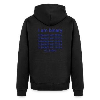 Ich bin binär (Blau) - Unisex Premium Bio Zip Hoodie - Schwarz - Hinten - Nico (187cm)