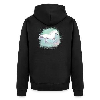 Schimmel,,weisses Pferd, pferd, Malerei,grün - Unisex Premium Bio Zip Hoodie - Schwarz - Hinten - Nico (187cm)