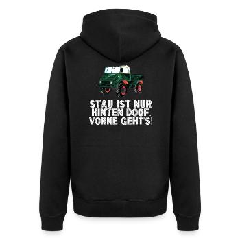 Stau ist nur hinten doof, vorne geht's! - Unimog - Unisex Premium Bio Zip Hoodie - Schwarz - Hinten - Nico (187cm)