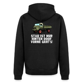 Stau ist nur hinten doof, vorne geht's! - Unimog - Unisex Premium Bio Zip Hoodie - Schwarz - Hinten - Nico (187cm)