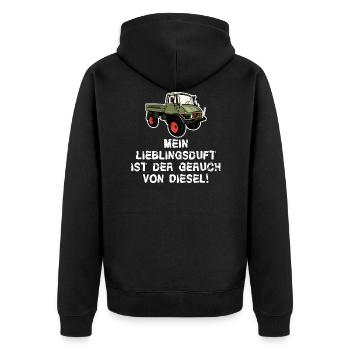 Mein Lieblingsduft ist Diesel! Unimog - Oldtimer - Unisex Premium Bio Zip Hoodie - Schwarz - Hinten - Nico (187cm)