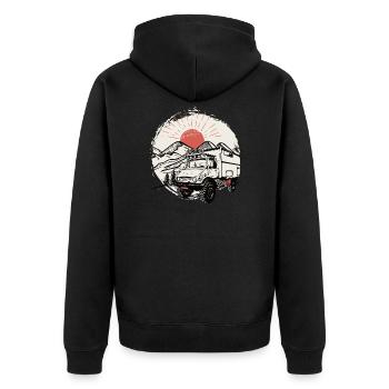 Camping - Unimog - Adventure - Oldtimer - Unisex Premium Organic Zip Hoodie - black - Back - Nico (187cm)
