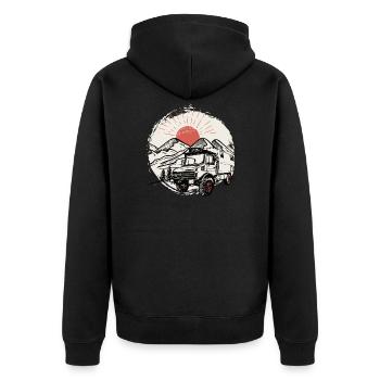 Camping - Unimog - Adventure - Oldtimer - Unisex Premium Organic Zip Hoodie - black - Back - Nico (187cm)