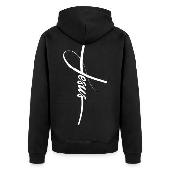 Jesus Christus schlichtes Kreuz mit Schriftzug - Unisex Premium Bio Zip Hoodie - Schwarz - Hinten - Nico (187cm)