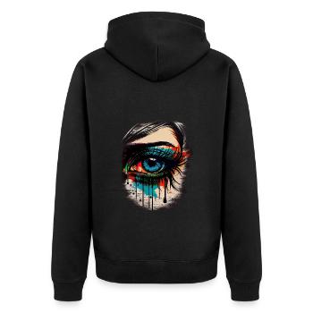 Psychedelisches Auge mit bunten Airbrush Details - Unisex Premium Bio Zip Hoodie - Schwarz - Hinten - Nico (187cm)