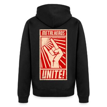 Metalheads, Unite! | Propaganda-Plakat-Stil - Unisex Premium Bio Zip Hoodie - Schwarz - Hinten - Nico (187cm)