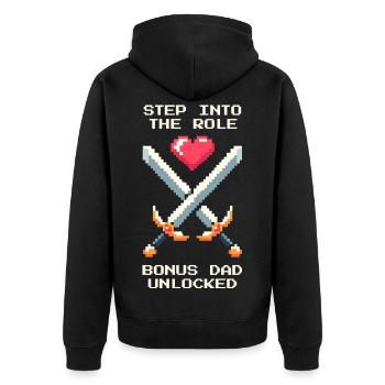 Bonus Dad Unlocked | Stepdad Patchwork - Unisex Premium Organic Zip Hoodie - black - Back - Nico (187cm)