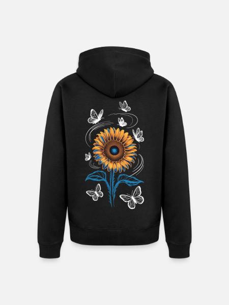 Sonnenblume mit Schmetterlingen  - Unisex Premium Bio Zip Hoodie - Schwarz